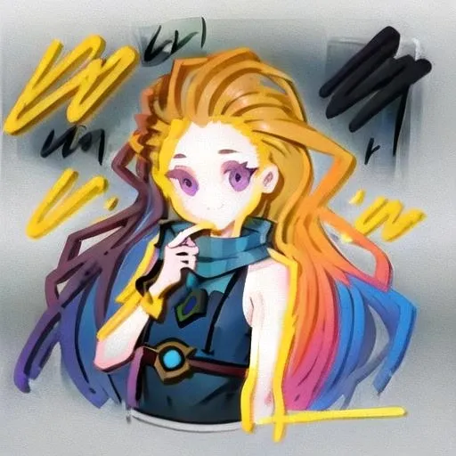 (disheveled hair),[orange hair:purple buttom hair:0.8],forehead,zoe,long hair,multicolored hair,blue and purple  eyes