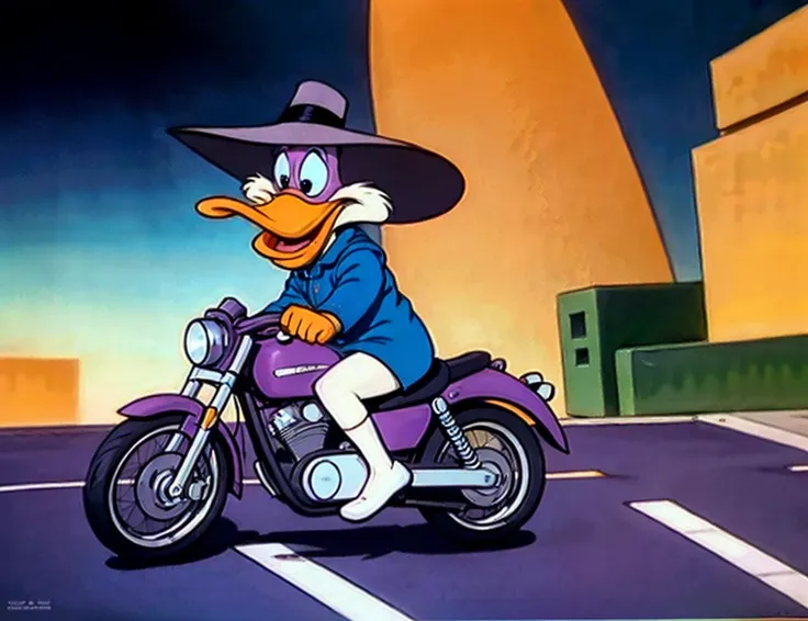 best quality,(comedic photograph of the year),(1990s), award winning photography, <lora:drwd3:0.8> duck, cartoon, coat, dress, drwd, hat, purple, wearing, (Riding a fantasy motorcycle:1.2), (by Michael Cho),, (illustration), (anime), cartoon, detailed