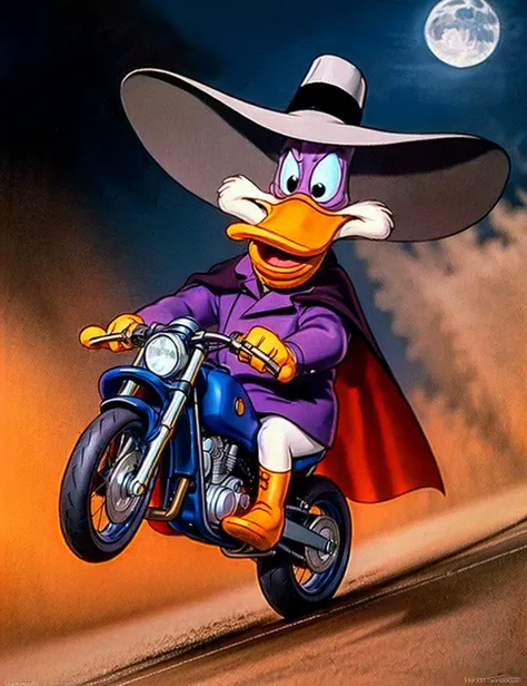 best quality,(comedic photograph of the year),(1990s), award winning photography,  <lora:drwd3:0.8> duck, cartoon, coat, dress, drwd, hat, purple, wearing, long cloak (Riding a fantasy motorcycle:1.2), (by Michael Cho), [(dimmed, night, dark:1.5) ::0.5],  <lora:anime_minimalist_v1:-0.7>, (illustration), (anime), cartoon, detailed