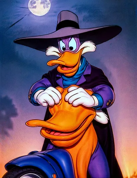 best quality,(comedic photograph of the year),(1990s), award winning photography,  <lora:drwd3:0.8> duck, cartoon, coat, dress, drwd, hat, purple, wearing, long cloak (Riding a fantasy motorcycle:1.2), (by Michael Cho), [(dimmed, night, dark:1.5) ::0.5],  <lora:anime_minimalist_v1:-0.7>, (illustration), (anime), cartoon, detailed