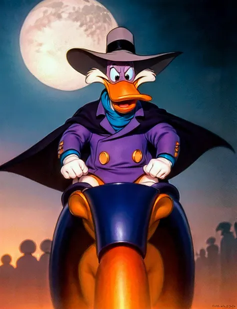 best quality,(comedic photograph of the year),(1990s), award winning photography,  <lora:drwd3:0.8> duck, cartoon, coat, dress, drwd, hat, purple, wearing, long cloak (Riding a fantasy motorcycle:1.2), (by Michael Cho), [(dimmed, night, dark:1.5) ::0.5],  <lora:anime_minimalist_v1:-0.7>, (illustration), (anime), cartoon, detailed