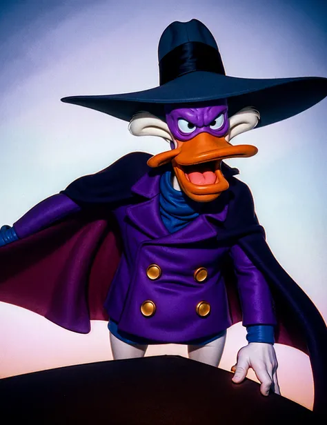 (by Oprisco), solo, cartoon, coat, drwd, (duck), hat, purple, wearing, with <lora:drwd06:0.8>, long cloak, stands on On a dark bridge, gothic, best quality, (comedic photograph of the year), (still image),(movie scene),(vintage), award winning photography (by Bertil Nilsson), magic realism, playful, <lora:add_sharpness:1>