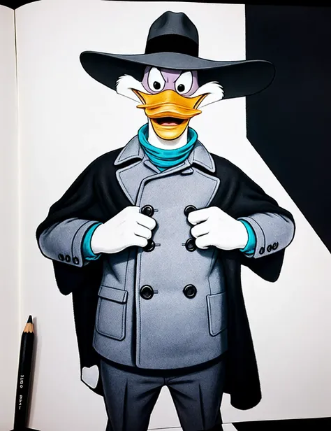 (by Oprisco), solo, cartoon, coat, drwd, (duck), hat, purple, wearing, with <lora:drwd06:0.7>, best quality, inspired by H.R. Millar, (comedic photograph of the year), (still image),(movie scene),(vintage), award winning photography (by Bertil Nilsson), magic realism, playful, cinematic, Sketch, Manga Sketch, Pencil drawing, Black and White, Manga, Manga style,