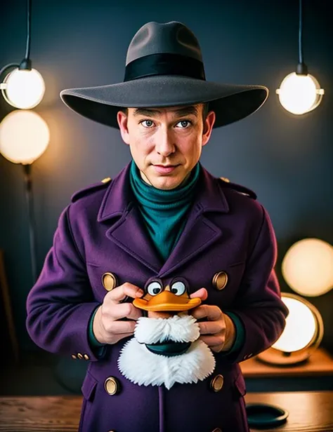 (by Oprisco), epic battle, solo, cartoon, coat, drwd, (duck), hat, purple, wearing, with <lora:drwd06:0.7>, best quality, inspired by H.R. Millar, (comedic photograph of the year), (still image),(movie scene),(vintage), award winning photography (by Bertil Nilsson), magic realism, playful, cinematic, warm lights,