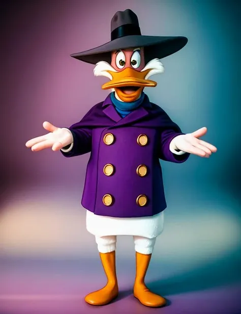 (by Oprisco), solo, cartoon, coat, drwd, (duck), hat, purple, wearing, with <lora:drwd06:0.7>, best quality, inspired by H.R. Millar, (comedic photograph of the year), (still image),(movie scene),(vintage), award winning photography (by Bertil Nilsson), magic realism, playful, inematic, warm lights, dramatic light,