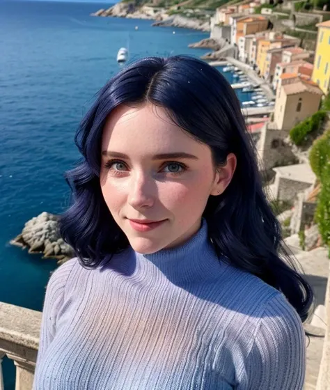 girl, Nature, outdoor, bloom, spring, spectacular light, porto venere Italy, breast, detailed eyes, seductive pose , smile,  Covered dress, covered shoulders, Turtleneck red and blu, ((close portrait photo))