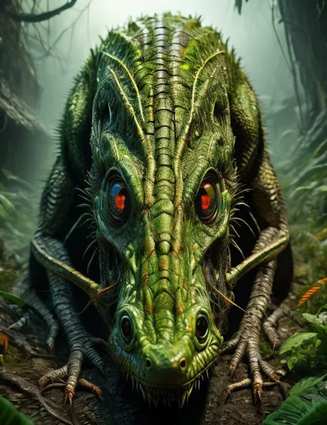 ((best quality)), ((masterpiece)), ((realistic,digital art)), (hyper detailed), DonMG414 Marsh Reptilian Eyes, octane rendering, raytracing, volumetric lighting, Backlit,Rim Lighting, 8K, HDR, <lora:GaiasDaugthers-000014:0.8>