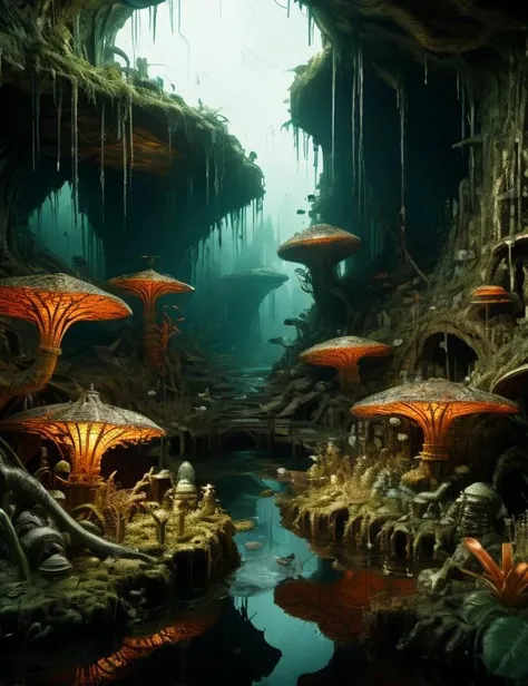 ((best quality)), ((masterpiece)), ((realistic,digital art)), (hyper detailed), DonMG414 Swamp Storefront,Cave Diver,Dripping Water, octane rendering, raytracing, volumetric lighting, Backlit,Rim Lighting, 8K, HDR, <lora:GaiasDaugthers-000014:1>