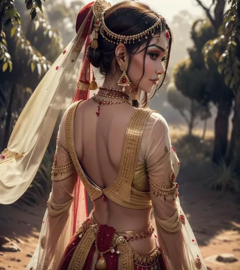 (((cowboy shot))) (wide depth of field), 30 year old scarjo-subject1, sexy indian woman cute, adorable smile,(from behind back turned Looking at viewer over shoulder, small waist, medium hips, medium perfect ass,focus on lower body:1.5),a stunning detailed background (A forest made of glass, trees made of glass, shrubs made of glass, water made of glass.), absurdres, highres, horny, masterpiece, best quality, realistic, beautiful very long purple long hair,
(perfect female form, perfect face, beautiful eyes, eyeliner, expressive eyes, calm expression),
<lora:edgNathJewelry:0.8>EDGNATH
WEARING EDGNATH
orange, DRESS
intricate elaborate JEWELRY