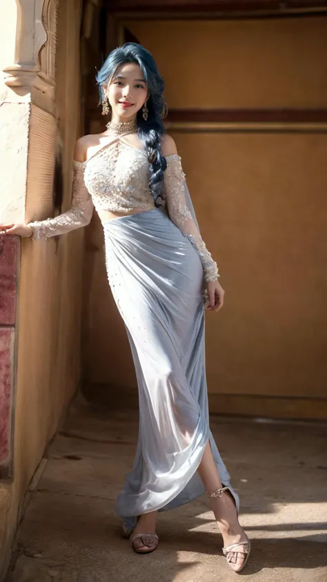 (Realistic),masterpiece,best quality,cinematic lighting,natural shadow,highest detail,professional photography,detailed background,depth of field,insane details,intricate,aesthetic,detailed face,subsurface scattering,looking at viewer,Jib Shot,
edgnath,1girl in a Titanium dress,wearing edgnath jewelry,photo of a cute girl,full body,light smile,charming,20yo,Updo Hair.Glossy hair,Royal blue hair,Lungi,Silk,outdoors,Sprinting,
<lora:GoodHands-vanilla:1>,<lora:add_detail:1>,<lora:Better light:1>,<lora:edgNathJewelry:0.8>,