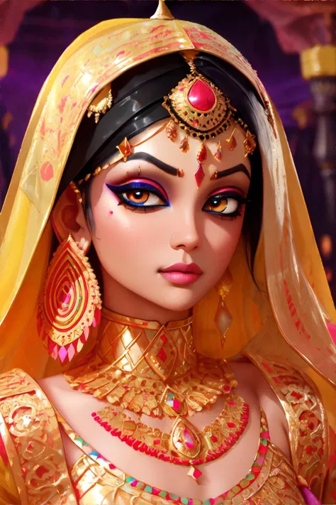 <lora:spicyhindi-edg:0.8>, arabian woman wearing edgnath, colorful, dark skin, palace interior || colorful fabric, jewelry, dark skin, masterpiece, 8k, high resolution, shallow depth of field, sharp focus
