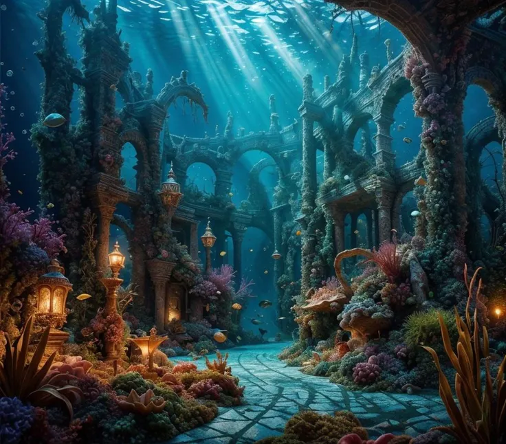 (masterpiece:1.2), (best quality,:1.2), 8k, HDR, ultra detailed, ((photorealistic)), professional light, cinematic lighting, fashion photography, ambient lighting, <lora:detail_slider_v4:2.5>, UnSea, an underwater magical fantasy city, <lora:UnderSea-10:1>, epiCPhoto