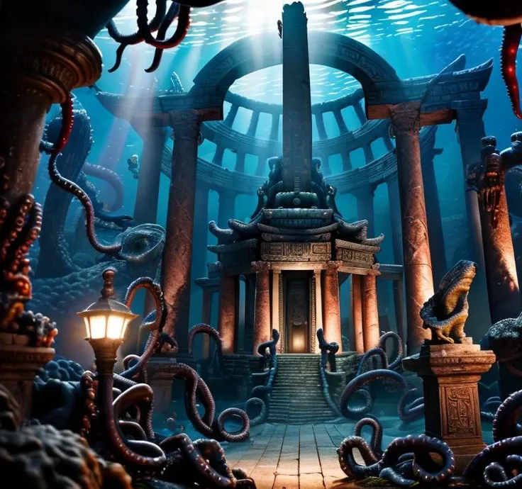 (masterpiece:1.2), (best quality,:1.2), 8k, HDR, ultra detailed, ((photorealistic)), professional light, cinematic lighting, fashion photography, ambient lighting, <lora:detail_slider_v4:3>, UnSea, a huge sinister temple of the kraken, huge kraken, tentacles, fish, coral, view from above, in the style of Atlantis, <lora:UnderSea-10:0.95>, epiCPhoto