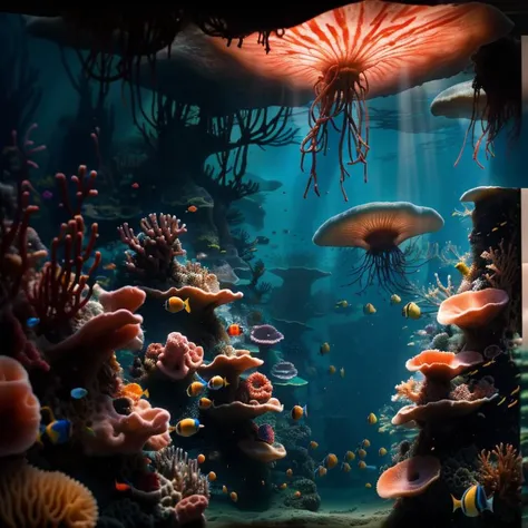 (masterpiece:1.2), (best quality,:1.2), 8k, HDR, ultra detailed, ((photorealistic)), professional light, cinematic lighting, fashion photography, ambient lighting, <lora:detail_slider_v4:2.5>, UnSea, deep in the dark ocean, corals, fish, a giant jellyfish with long tentacles, <lora:UnderSea-10:1>, epiCPhoto