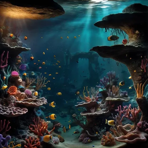 (masterpiece:1.2), (best quality,:1.2), 8k, HDR, ultra detailed, ((photorealistic)), professional light, cinematic lighting, fashion photography, ambient lighting, <lora:detail_slider_v4:2.5>, UnSea, a sinister cave under the sea, corals, fish, <lora:UnderSea-10:1>, epiCPhoto