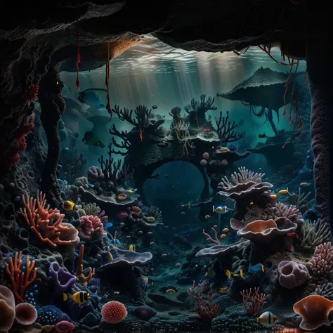 (masterpiece:1.2), (best quality,:1.2), 8k, HDR, ultra detailed, ((photorealistic)), professional light, cinematic lighting, fashion photography, ambient lighting, <lora:detail_slider_v4:2.5>, UnSea, a  sinister cave deep in the dark ocean, corals, fish, jellyfish, sea monster, <lora:UnderSea-10:1>, epiCPhoto