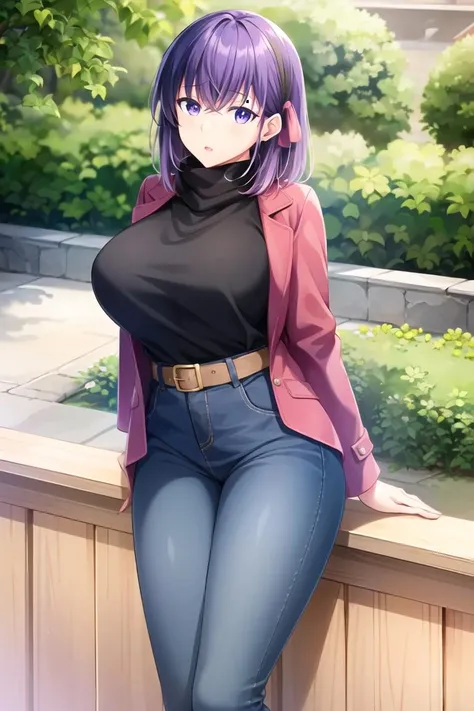 ((masterpiece)),((best quality)),ultra-detailed,illustratio,Explicit,Beautiful body,Beautiful Nose,Beautiful character design,perfect eyes,perfect face,wallpaper,ultra highres,4K,photography,(Beautiful,large breasts:1.2),(beautiful face:1.2),(beautiful legs,perfect legs),shiny skin,official style,official art,sanime screencap,anime coloring,
Kido Tsumugi,1girl, purple hair, purple eyes,hair ribbon, medium hair,,Warm Autumn Trends,Plaid coat, High-waisted jeans, Knee-high boots, Printed silk scarf, Belt, Gloves, Cashmere sweater, Crossbody bag, Oversized earrings, Windbreaker jacket,outdoor,fashion,product girl,random outfit,rich expression,changeable expression,<lora:Kido Tsumugi:0.7>