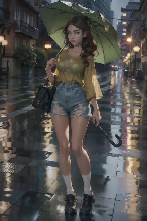 ((Holding umbrella)), (full body shot) 22 year old Spanish woman, ((wet from rain)) long golden brown hair, green eyes, ((wearing an oversized shirt, socks with high--tops)), (best quality, masterpiece:1.2), (photo-realistic), cute, standing in the rain, cityscape, night, lots of rain, wet, photon mapping, radiosity, physically-based rendering