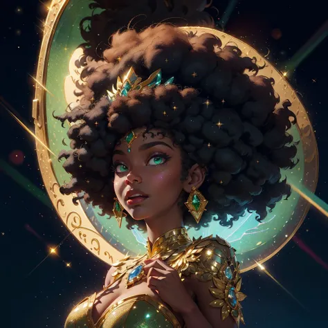 (masterpiece), 1girl, African, fairy, dark-skinned female, sprite, (fairy dust, large green aura surrounding body, glowing, sparkles), glittering gold dress, sapphire jeweled tiara, hovering in an enchanted forest, (glittery afro hair), star glitter in hair, extremely detailed face, (high resolution, caustics, volumetric light)
