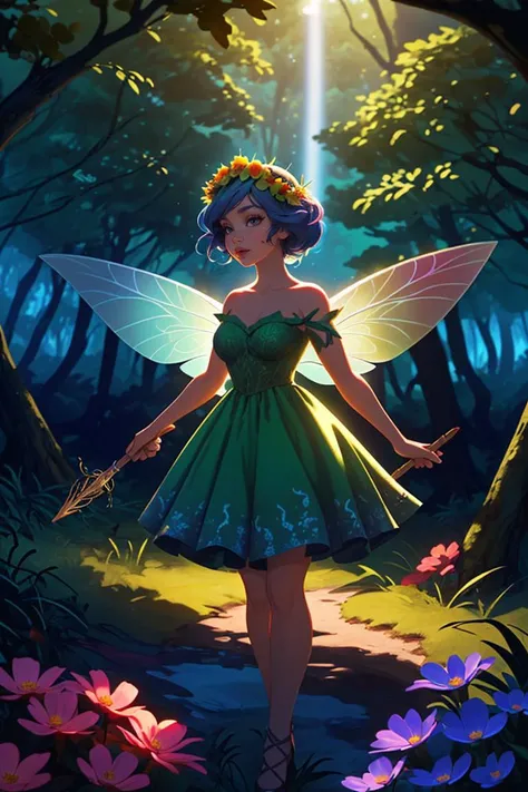 A girl is a fairy who lives in a magical forest. She is wearing a green dress and wings, and she has a flower crown and a wand. She is kind and friendly as she helps the animals and plants in the forest. The forest is lush and beautiful, and there are some mushrooms, butterflies, and rainbows around. The scene is cute and whimsical.
<lora:epiNoiseoffset_v2:0.75>,dark backlighting,cinematic lighting,dark atmosphere,
<lora:add_detail:0.35>,
<lora:GoodHands-beta2:0.75>