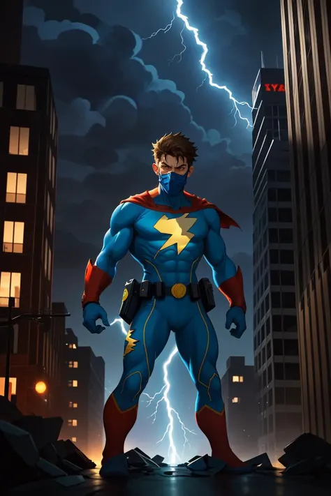 A boy is a superhero who has the power to control electricity. He is wearing a blue and yellow costume and a mask, and he has a lightning bolt symbol on his chest. He is brave and heroic as he fights against crime and injustice in the city. The city is modern and busy, and there are some skyscrapers and cars around. The scene is action-packed and cool
<lora:epiNoiseoffset_v2:0.75>, dark backlighting,cinematic lighting,dark atmosphere,
<lora:add_detail:0.35>,
<lora:GoodHands-beta2:0.75>