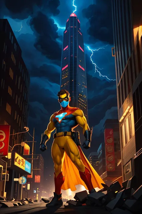 A boy is a superhero who has the power to control electricity. He is wearing a blue and yellow costume and a mask,and he has a lightning bolt symbol on his chest. He is brave and heroic as he fights against crime and injustice in the city. The city is modern and busy,and there are some skyscrapers and cars around. The scene is action-packed and cool,
<lora:epiNoiseoffset_v2:0.75>,dark backlighting,cinematic lighting,dark atmosphere,
<lora:add_detail:0.35>,
<lora:GoodHands-beta2:0.75>