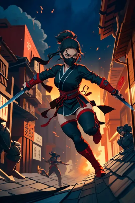 A girl is a ninja who belongs to a clan that fights against evil. She is wearing a black outfit and a mask, and she has a sword and a shuriken in her hands. She is agile and skilled as she jumps from rooftop to rooftop, chasing after a group of enemies who stole a sacred scroll.
BREAK
The enemies are also ninjas, but they wear red outfits and have different weapons. The girl has to fight them one by one, using her swordsmanship and ninjutsu. The scene is fast-paced and exciting
<lora:epiNoiseoffset_v2:0.75>, dark backlighting,cinematic lighting,dark atmosphere,
<lora:add_detail:0.35>,
<lora:GoodHands-beta2:0.75>