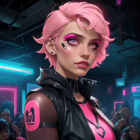 close-up, night club, underground club, neon lights, a punk female, makeup, short pink hair, tattoo, techwear outfit, crowd, industrial, masterpiece, muchRealisticV0_4