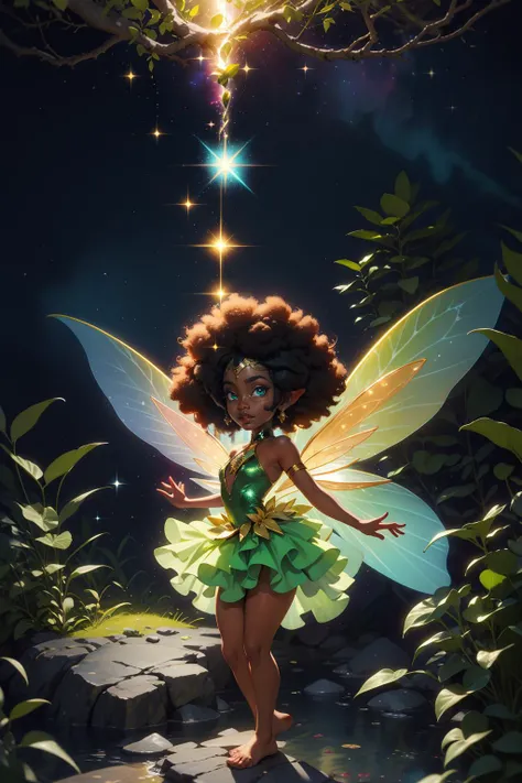 (masterpiece), African fairy, dark skin, dark-skinned female, ethereal sprite, shimmering gold dress, sapphire jeweled tiara, (fairy dust, sparkles), glowing, large green aura, hovering in an enchanted forest, (glittery hair, star glitter in hair, afro), fairy wings, pointy ears, small body, short, small stature, (high resolution, caustics, volumetric light)