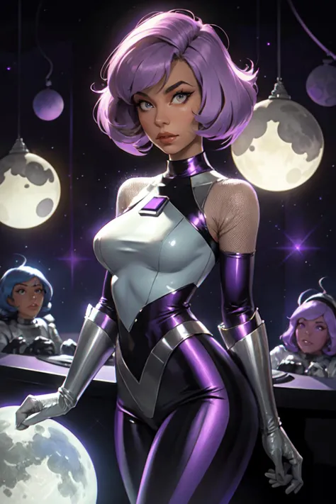 women in moonbase. silver mesh outfits. 1970s scifi. purple bobbed hair.  style by sylvia anderson ufo