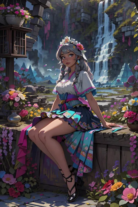 sugar sweet nightmare, (masterpiece), (best_quality), (ultra-detailed), (illustration), (welcoming), depth of field, 1girl, (Mayan florist:1.3), (in the ragged, immaculate mountains:1.3), full body, iridescent slate gray hair, swept bangs, multicolor eyes, pose, [:revealing, formal costume design:0.2], shawl,lying down, hourglass figure,skindentation, ((short skirt:1):1.2), japanese, official art, vivid color, finely detailed, hyper detailed, 8k, high resolution illustration, absurdres, intricate detail<lora:EnvyElegance:1><lora:GoodHands-beta2:1>