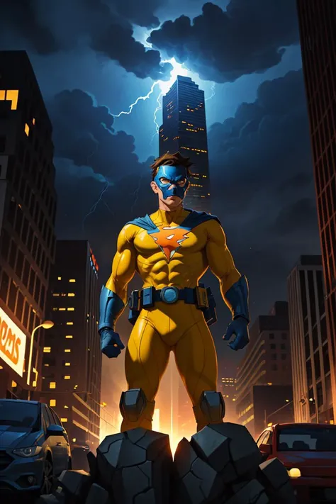 A boy is a superhero who has the power to control electricity. He is wearing a blue and yellow costume and a mask, and he has a lightning bolt symbol on his chest. He is brave and heroic as he fights against crime and injustice in the city. The city is modern and busy, and there are some skyscrapers and cars around. The scene is action-packed and cool
<lora:epiNoiseoffset_v2:0.75>, dark backlighting,cinematic lighting,dark atmosphere,
<lora:add_detail:0.35>,
<lora:GoodHands-beta2:0.75>