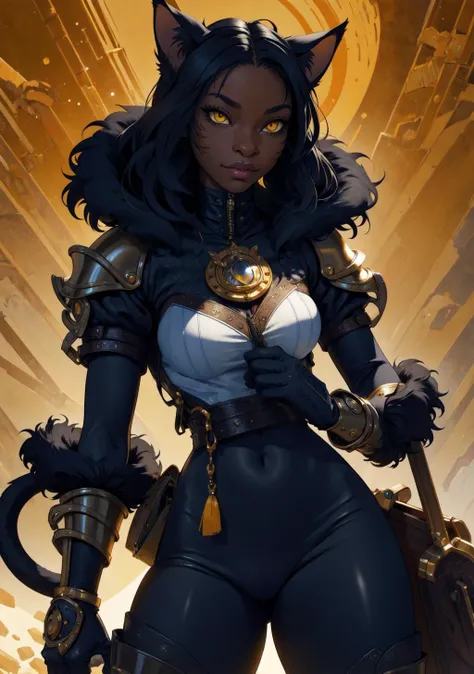 (masterpiece), (best_quality), (ultra-detailed), (photorealistic, ), 1girl, tabaxi, khajiit, black fur, furry, animal nose, animal ears, cat girl, cowboy shot, yellow and white colors, yellow eyes, simple background, leather armor, rogue, thief