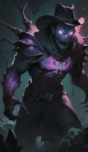 horror \(theme\), dripping_blood,background mountain of pile of corpses, anorexia,long_arms, sharp teeth, sharp fingernails, glowing eyes, green eyes, black trench coat,black cowboy hat, HorrorFantasy, kkw-FX-glowline