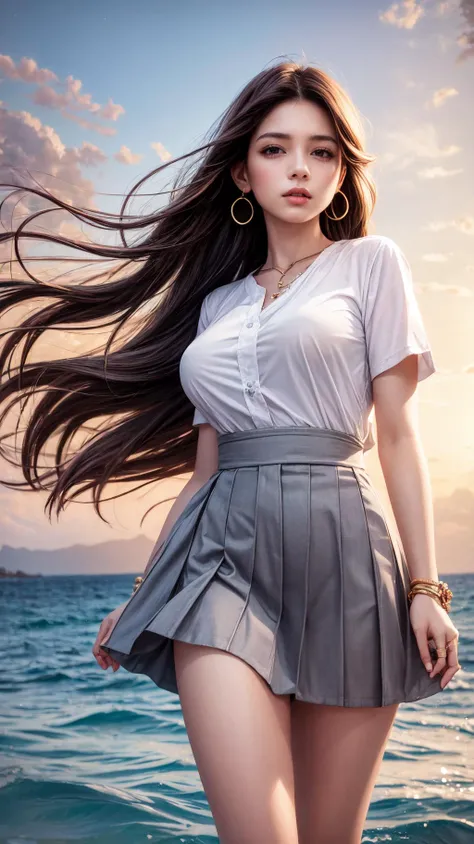 (masterpiece, best quality, absurdres)
1girl realistic female, medium beasts, floating hair, grey eyes, hair down, high-waist skirt, jewelry, long hair, short sleeves, looking at viewer, solo, star (symbol) , star earrings, sunset, suspender skirt, suspenders, white shirt, covered nipples, wind, ocean <lora:adddetailer:1>