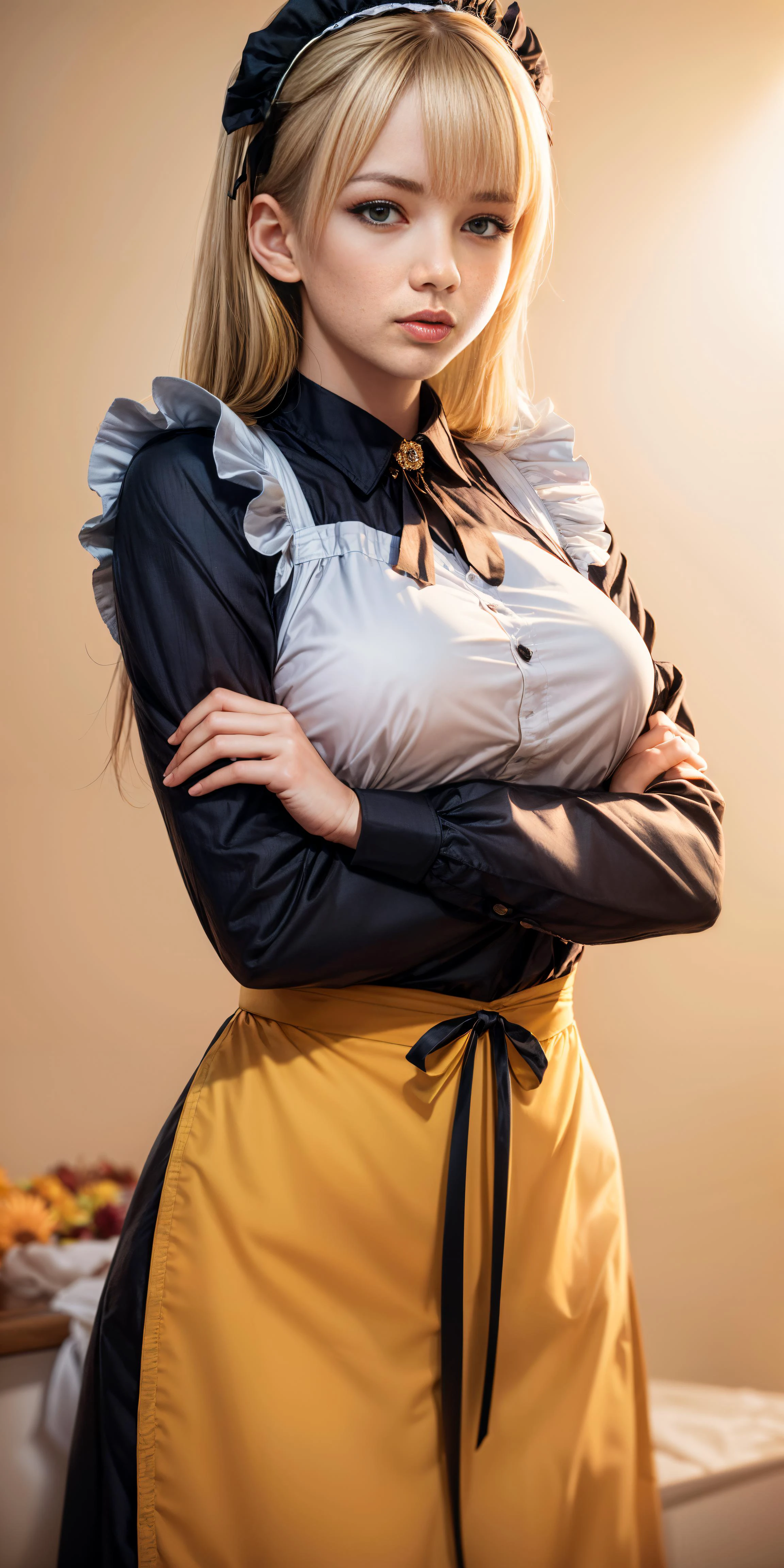 masterpiece, best quality,
1girl, apron, blonde hair, bow, breast hold, breasts, brooch, closed mouth, crossed arms, dress, dusk, enmaided, evening, frown, ginkgo leaf, gradient, gradient background, long hair, long sleeves, looking at viewer, maid, maid apron, maid headdress, medium breasts, orange background, orange sky, orange theme, ribbon, solo, sunflower, sunset, v-shaped eyebrows, white apron, yellow background, yellow sky, yellow theme
<lora:xsarchitectural-6:0.4> <lora:add_detail:1>