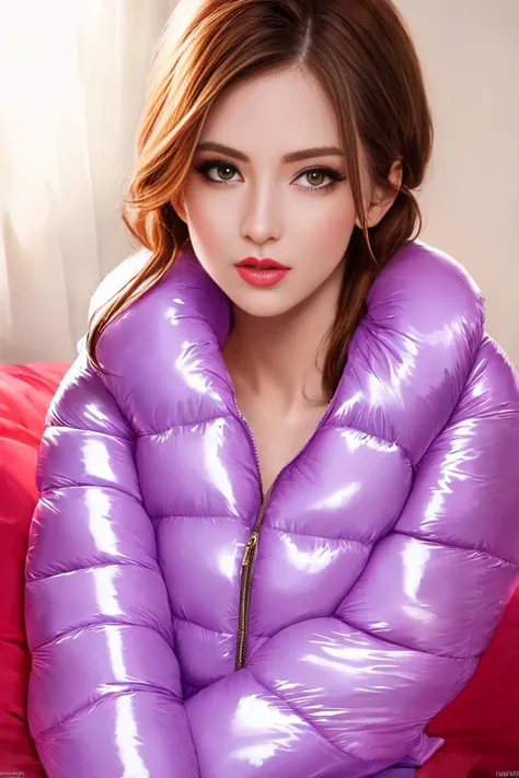 A stunning portrait of a young, slim, cute, sweet European woman, radiating elegance and beauty. She is nude, lies on bed, only ((dressed in a fashionable, collared, (colorful), shiny and glossy, (puffer down jacket))). (The lighting is soft, highlighting her features and emphasizing the high glossy texture of her clothes. Cinematic lighting, high resolution, realistic shading, digital painting, artstation, sweetest, cutest, ((tempting)). by Parkasite. <lora:Parkasite_v10:0.7>  <lora:detailed_eye_V2:0.0>