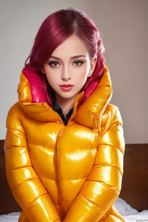 A stunning portrait of a young, slim, cute, sweet European woman, radiating elegance and beauty. She is nude, lies on bed, only ((dressed in a fashionable, collared, (colorful), shiny and glossy, (puffer down jacket))). (The lighting is soft, highlighting her features and emphasizing the high glossy texture of her clothes. Cinematic lighting, high resolution, realistic shading, digital painting, artstation, sweetest, cutest, ((tempting)). by Parkasite. <lora:Parkasite_v10:0.7>  <lora:detailed_eye_V2:0.0>