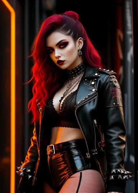 A photo of a gothic girl with blood-red lips and intense, smoldering eyes, framed by a tousled mane of dark cherry-red hair. She is wearing a form-fitting black leather jacket adorned with silver spikes and chains, paired with ripped fishnet stockings and knee-high boots. She is standing in a dimly lit alley, illuminated by flickering neon signs and graffiti-covered walls. The lighting casts dramatic shadows, enhancing her edgy and alluring aura. The camera angle is close-up, capturing her captivating gaze and rebellious spirit. <lora:VictorianGoth:0.5> 66Vic22Goth11 style