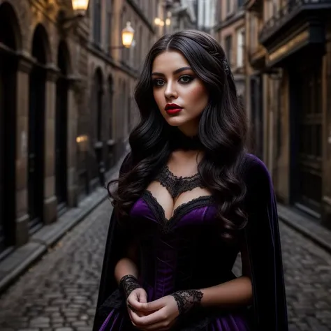A photo of a young woman with captivating violet eyes and a tousled mass of dark brown hair. Wearing a Victorian-era velvet cape, she navigates through a narrow, cobblestone street, the looming gothic architecture adding to the scene's eeriness. The epic character composition, combined with sharp focus and natural lighting, brings the captivating image to life. The subsurface scattering effect adds a touch of ethereal glow, while the f2 aperture and 35mm lens create a perfect balance of depth and detail.
<lora:VictorianGoth:0.5> 66vic22goth11, (freckles:0.8), (lips parted), realistic eyes, POV, realistic[:, (film grain, 25mm, f/1.2, dof, bokeh, beautiful symmetrical face, perfect sparkling eyes, well defined pupils, high contrast eyes, ultra detailed skin, skin pores, vellus hair, fabric stitching, fabric texture, finely detailed features:1):0.9]