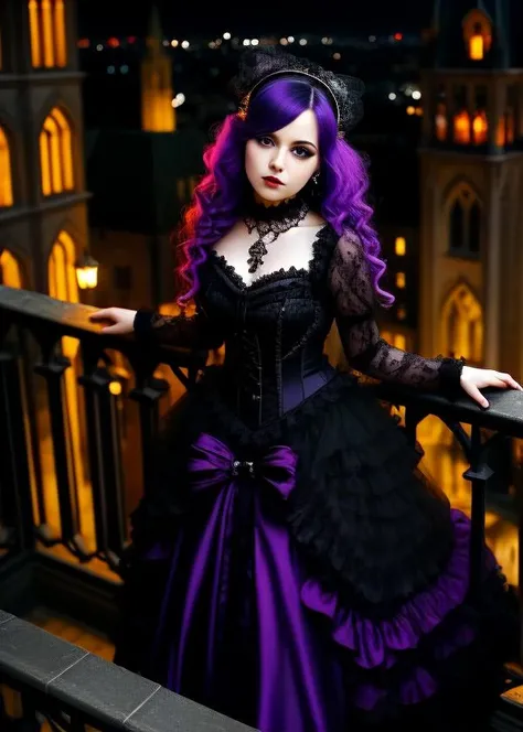 A photo of a gothic girl with vibrant violet hair, styled in elaborate curls and accessorized with black lace hairpieces. She is wearing a corseted black gown with a cascading ruffled skirt. She is standing on a moonlit balcony, overlooking a gothic cityscape adorned with gargoyles and ornate ironwork. A mist envelops the scene, giving it an otherworldly feel. The camera angle is from above, capturing her ethereal beauty as she gazes into the distance.
<lora:VictorianGoth:0.5> 66Vic22Goth11 style