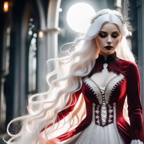 A photo of a gothic girl with lustrous, white hair. She is adorned in a long, flowing red velvet gown with intricate lace details, accentuating her slender silhouette. The moon casts a soft, ethereal light, highlighting her pale complexion
 <lora:VictorianGoth:1> 66Vic22Goth11 style