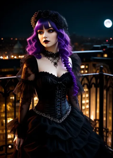 A photo of a gothic girl with vibrant violet hair, styled in elaborate curls and accessorized with black lace hairpieces. She is wearing a corseted black gown with a cascading ruffled skirt. She is standing on a moonlit balcony, overlooking a gothic cityscape adorned with gargoyles and ornate ironwork. A mist envelops the scene, giving it an otherworldly feel. The camera angle is from above, capturing her ethereal beauty as she gazes into the distance.
<lora:VictorianGoth:0.5> 66Vic22Goth11 style