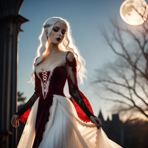 A photo of a gothic girl with lustrous, white hair. She is adorned in a long, flowing red velvet gown with intricate lace details, accentuating her slender silhouette. The moon casts a soft, ethereal light, highlighting her pale complexion
<lora:VictorianGoth:1> 66Vic22Goth11 style