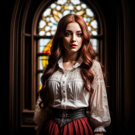 A photo of a young woman with brooding gray eyes and flowing auburn hair. Clad in a high-collared Victorian blouse and riding skirt, she gazes wistfully out of an ornate Gothic window, the moon casting an ethereal glow on her visage. The epic character composition, combined with sharp focus and natural lighting, brings the captivating image to life. The subsurface scattering effect adds a touch of ethereal glow, while the f2 aperture and 35mm lens create a perfect balance of depth and detail.
<lora:VictorianGoth:0.5> 66vic22goth11, (freckles:0.8), (lips parted), realistic eyes, POV, realistic[:, (film grain, 25mm, f/1.2, dof, bokeh, beautiful symmetrical face, perfect sparkling eyes, well defined pupils, high contrast eyes, ultra detailed skin, skin pores, vellus hair, fabric stitching, fabric texture, finely detailed features:1):0.9]
