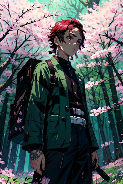 (Tanjiro), (Scar, Scar on forehead, Checkered Clothes, man, Red Hair:1.2), ((OriginalOutfit)), (green and black checkered jacket, black shirt, black baggy pants:1.2), (holding a katana:1.5), (male), (cherry blossom forest background, forest, grass, cherry blossom flowers:1.5), (realistic:1.2), (masterpiece:1.2), (full-body-shot:1),(Cowboy-shot:1.2), neon lighting, dark romantic lighting, (highly detailed:1.2),(detailed face:1.2), (gradients), colorful, detailed eyes, (natural lighting:1.2), (dynamic pose:1.2), (solo, one person, 1girl:1.5),<lora:Revox-Tanjiro:0.7> <lora:add_detail:0.15> <lora:hipoly3DModelLora_v10:0.05> <lora:RSERomantic_RSESofiko_RSEEmma-v1:0.1> <lora:BeautifulEyes:0.65>