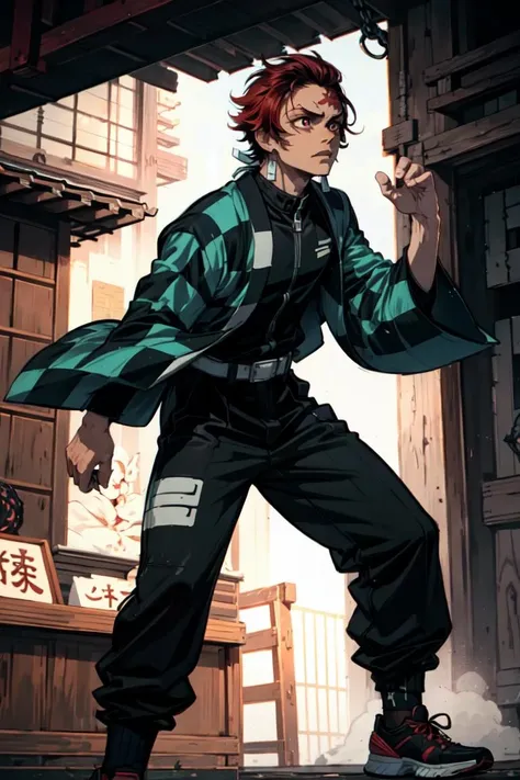 (Tanjiro), (Scar, Scar on forehead, Checkered Clothes, man, Red Hair:1.2), (street wear), (checkered jacket, black shirt, black jogging pants, chain on pants, black high socks, black tennis shoes:1.2), (male), (japanese market background:1.5), (realistic:1.2), (masterpiece:1.2), (full-body-shot:1),(Cowboy-shot:1.2), neon lighting, dark romantic lighting, (highly detailed:1.2),(detailed face:1.2), (gradients), colorful, detailed eyes, (natural lighting:1.2), (dynamic pose:1.2), (solo, one person, 1girl:1.5),<lora:Revox-Tanjiro:0.7> <lora:add_detail:0.15> <lora:hipoly3DModelLora_v10:0.05> <lora:RSERomantic_RSESofiko_RSEEmma-v1:0.1> <lora:BeautifulEyes:0.65>
