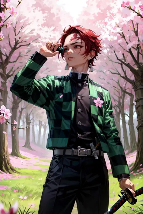 (Tanjiro), (Scar, Scar on forehead, Checkered Clothes, man, Red Hair:1.2), ((OriginalOutfit)), (green and black checkered jacket, black shirt, black baggy pants:1.2), (holding a katana:1.5), (male), (cherry blossom forest background, forest, grass, cherry blossom flowers:1.5), (realistic:1.2), (masterpiece:1.2), (full-body-shot:1),(Cowboy-shot:1.2), neon lighting, dark romantic lighting, (highly detailed:1.2),(detailed face:1.2), (gradients), colorful, detailed eyes, (natural lighting:1.2), (dynamic pose:1.2), (solo, one person, 1girl:1.5),<lora:Revox-Tanjiro:0.7> <lora:add_detail:0.15> <lora:hipoly3DModelLora_v10:0.05> <lora:RSERomantic_RSESofiko_RSEEmma-v1:0.1> <lora:BeautifulEyes:0.65>