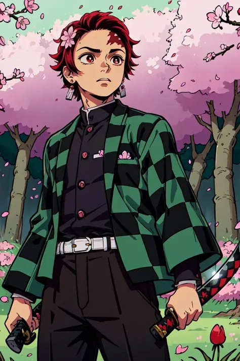 (Tanjiro), (Scar, Scar on forehead, Checkered Clothes, man, Red Hair:1.2), ((OriginalOutfit)), (green and black checkered jacket, black shirt, black baggy pants:1.2), (holding a katana:1.5), (male), (cherry blossom forest background, forest, grass, cherry blossom flowers:1.5), (realistic:1.2), (masterpiece:1.2), (full-body-shot:1),(Cowboy-shot:1.2), neon lighting, dark romantic lighting, (highly detailed:1.2),(detailed face:1.2), (gradients), colorful, detailed eyes, (natural lighting:1.2), (dynamic pose:1.2), (solo, one person, 1girl:1.5),<lora:Revox-Tanjiro:0.7> <lora:add_detail:0.15> <lora:hipoly3DModelLora_v10:0.05> <lora:RSERomantic_RSESofiko_RSEEmma-v1:0.1> <lora:BeautifulEyes:0.65>