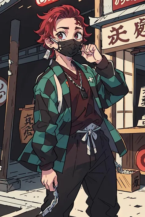 (Tanjiro), (Scar,Scar on forehead, Checkered Clothes, 1Boy, Red Hair), (checkered jacket, black mouth mask, black shirt, black jogging pants, chain on pants, black high socks, black tennis shoes:1.2), (japanese market background:1.5), (realistic:1.2), (masterpiece:1.2), (full-body-shot:1),(Cowboy-shot:1.2), neon lighting, dark romantic lighting, (highly detailed:1.2),(detailed face:1.2), (gradients), colorful, detailed eyes, (natural lighting:1.2), (cute pose:1.2), (solo, one person, 1girl:1.5),<lora:Revox-Tanjiro:0.7> <lora:add_detail:0.15>